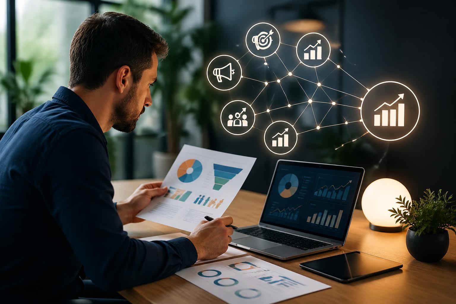 Man reviewing business charts on paper while a laptop screen shows dashboards; glowing network icons imply data analytics influence behind him.