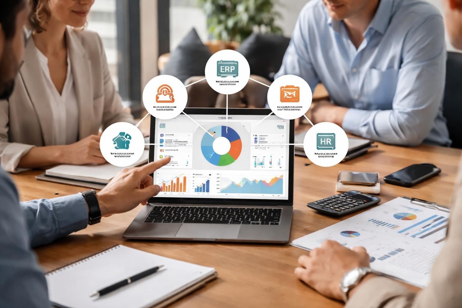 Team of professionals gathered around a laptop displaying dashboards, with connected circular icons representing ERP, HR, and analytics above the screen