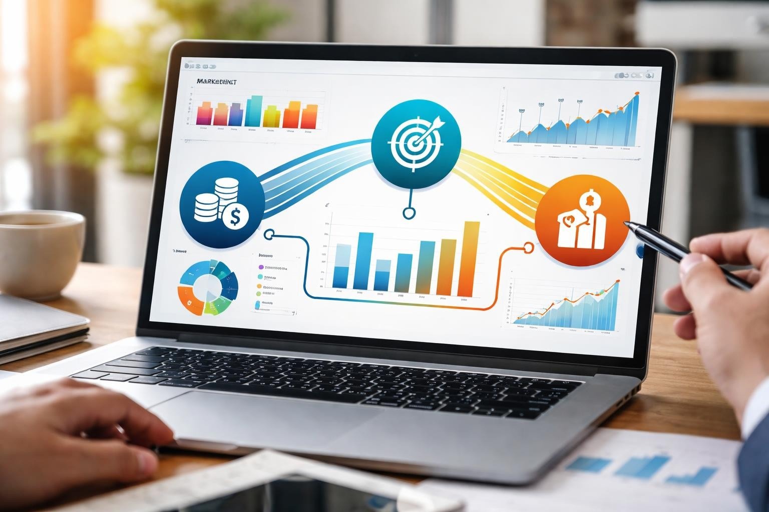 Laptop screen shows a colorful business analytics infographic with charts and a central target icon; a hand with a stylus points at it.