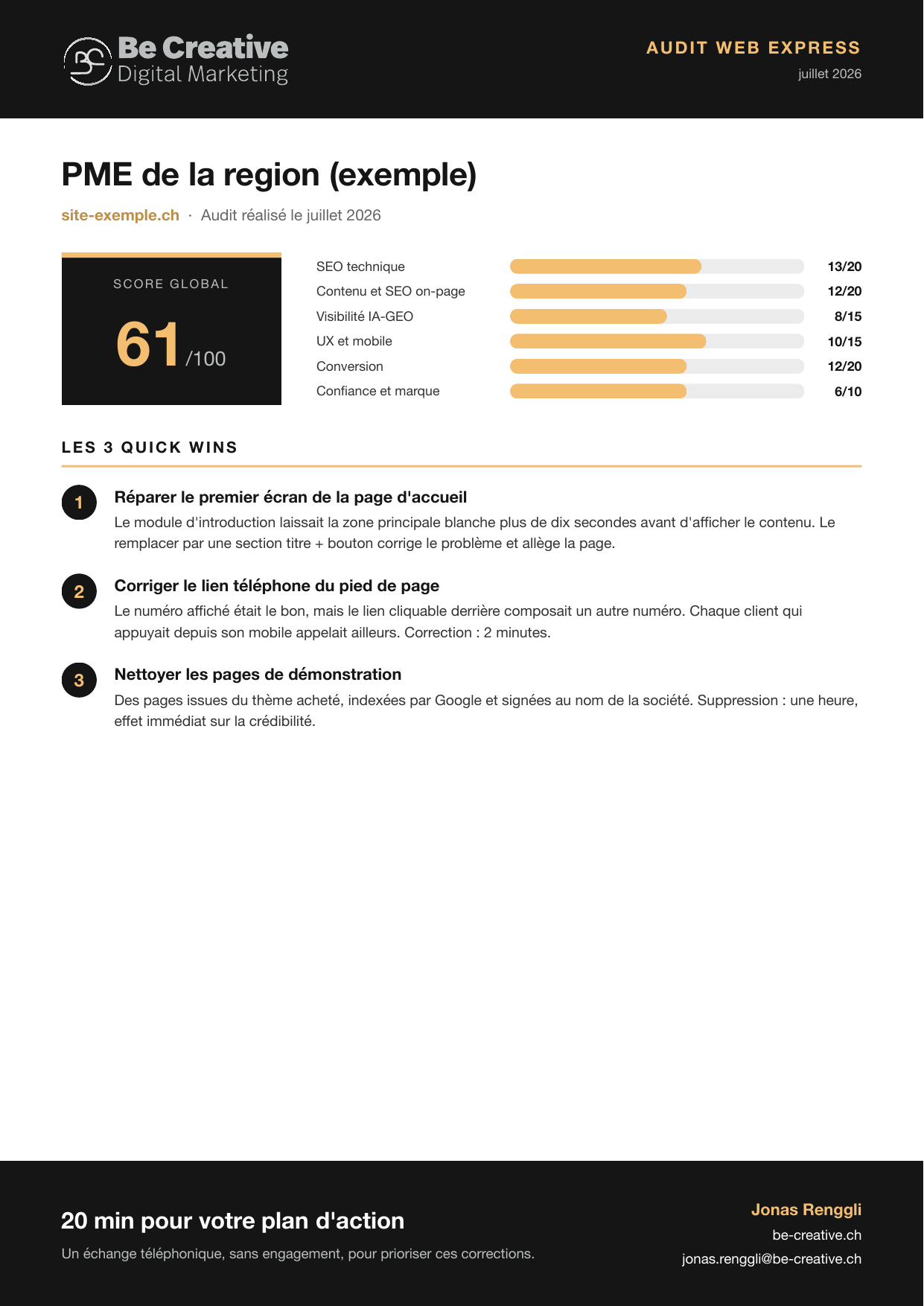 Exemple du format de rapport Website Challenge, cas type de PME, score 61 sur 100