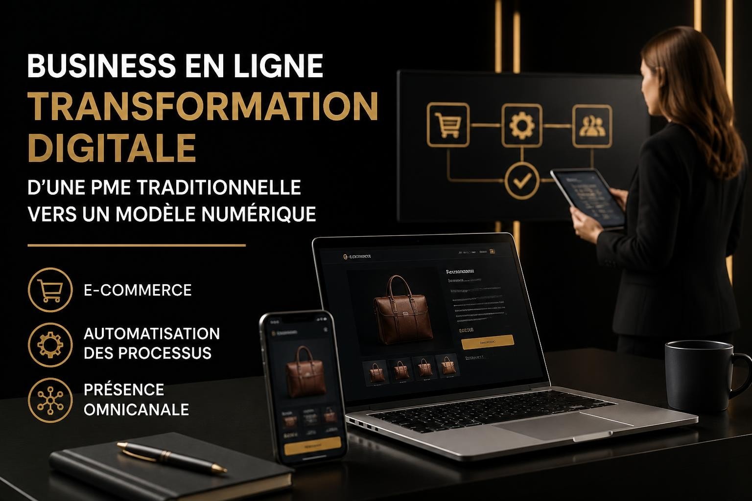 Annonce de transformation digitale d'une PME: passage du traditionnel au numérique, avec e-commerce et automatisation des processus.