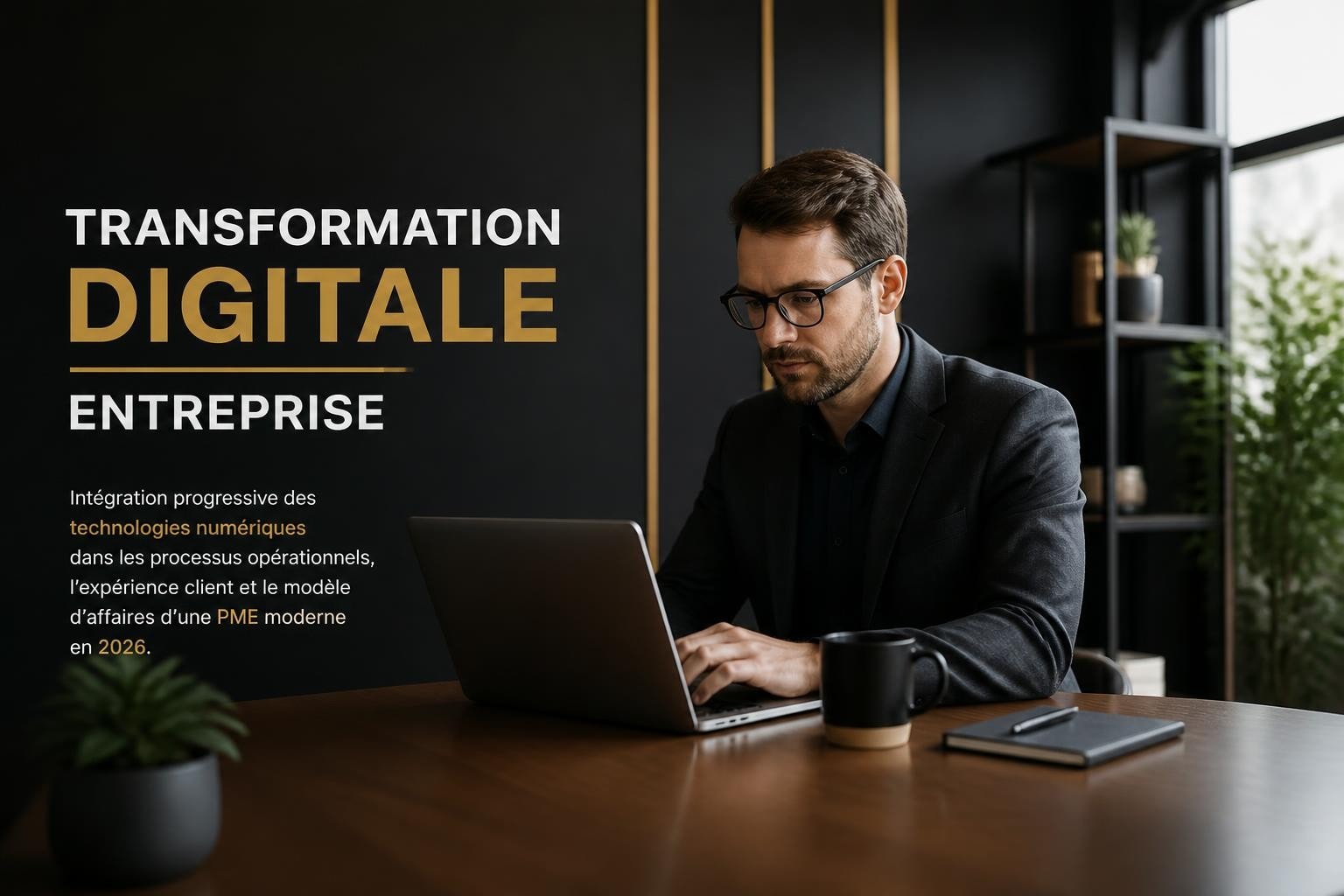Homme d'affaires en blazer sombre travaillant sur un ordinateur portable dans un bureau moderne, devant un mur noir avec le texte 'TRANSFORMATION DIGITALE ENTREPRISE'.